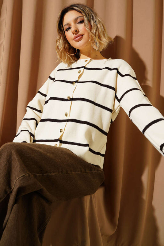 Dünner, horizontal gestreifter Strickcardigan, Beige