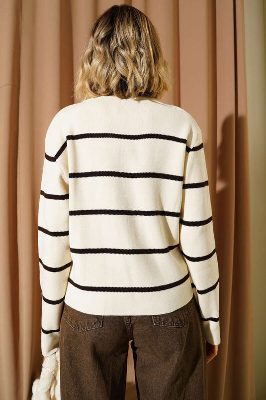 Dünner, horizontal gestreifter Strickcardigan, Beige