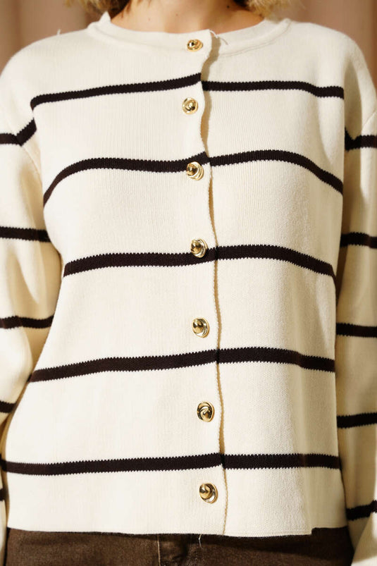 Dünner, horizontal gestreifter Strickcardigan, Beige