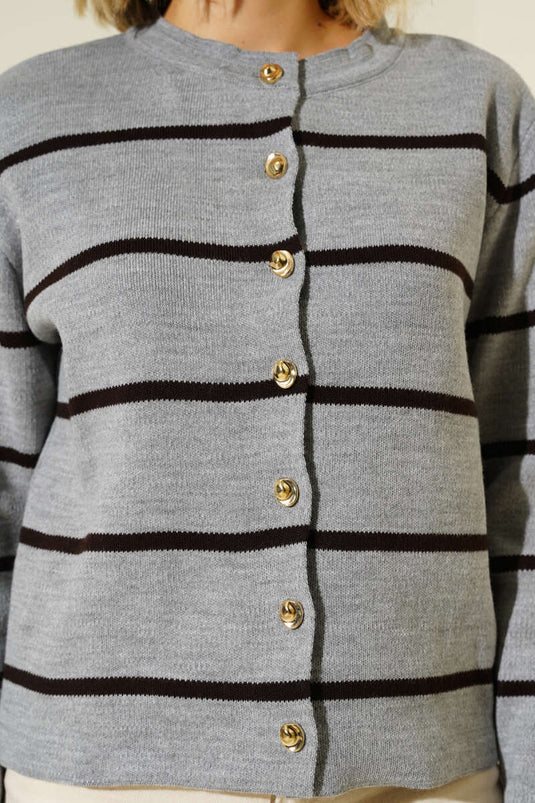 İnce Yatay Çizgili Triko Hırka Gri