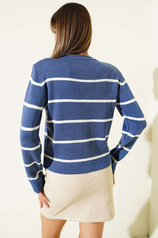 İnce Yatay Çizgili Triko Hırka İndigo