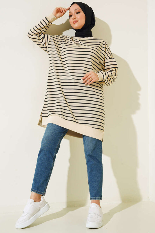 Thin Horizontal Striped Tunic Black
