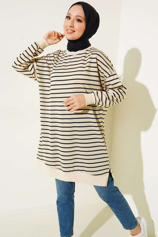 Thin Horizontal Striped Tunic Black