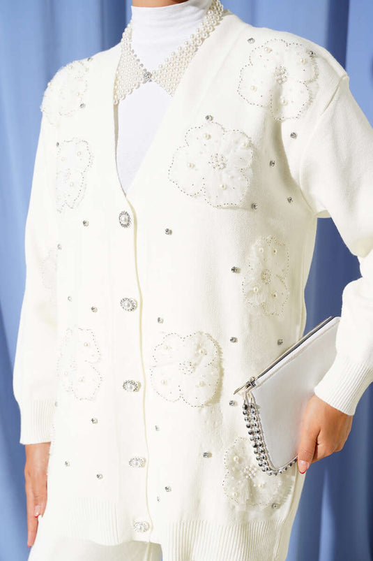 İnci Çiçek Detaylı İkili Triko Takım Ekru