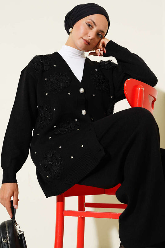 Pearl Flower Detailed Two-Piece Knitwear Set Black