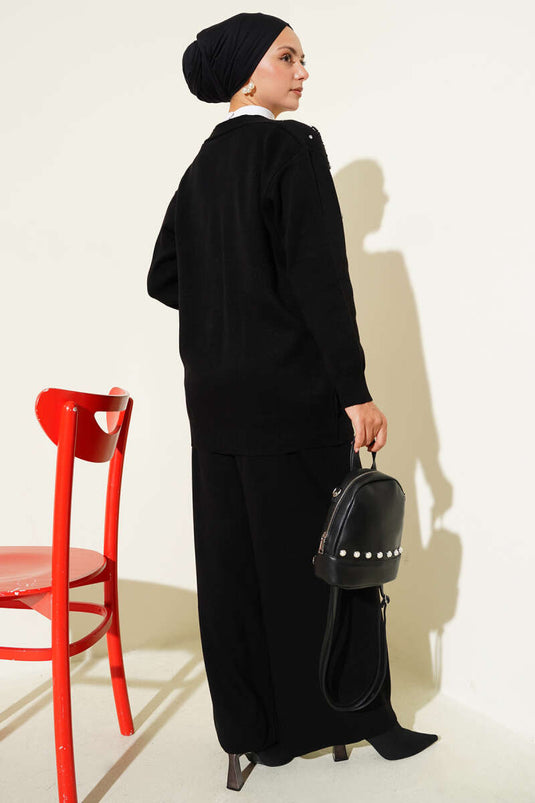 Pearl Flower Detailed Two-Piece Knitwear Set Black