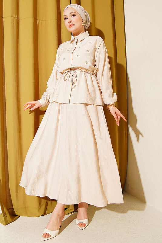 Pearl Flower Waist Tunnel Skirt Set Beige