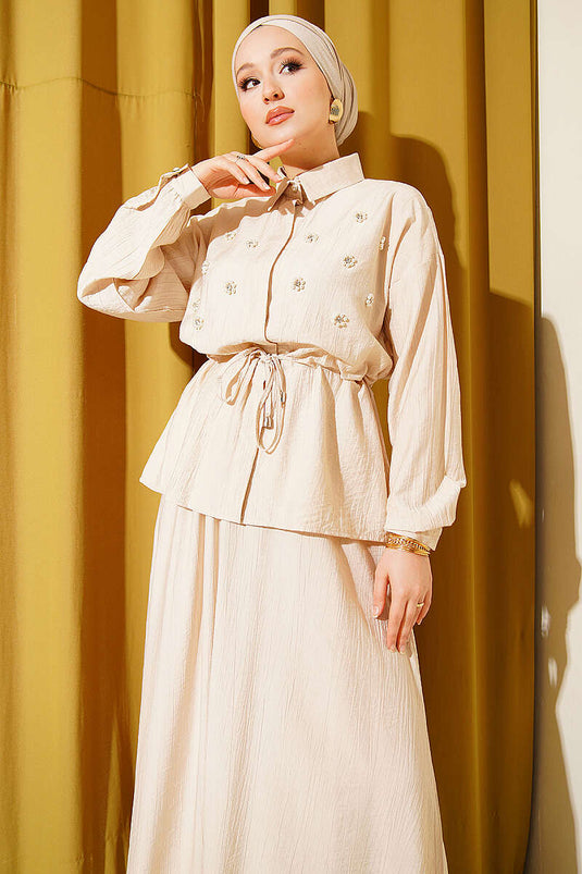 Pearl Flower Waist Tunnel Skirt Set Beige
