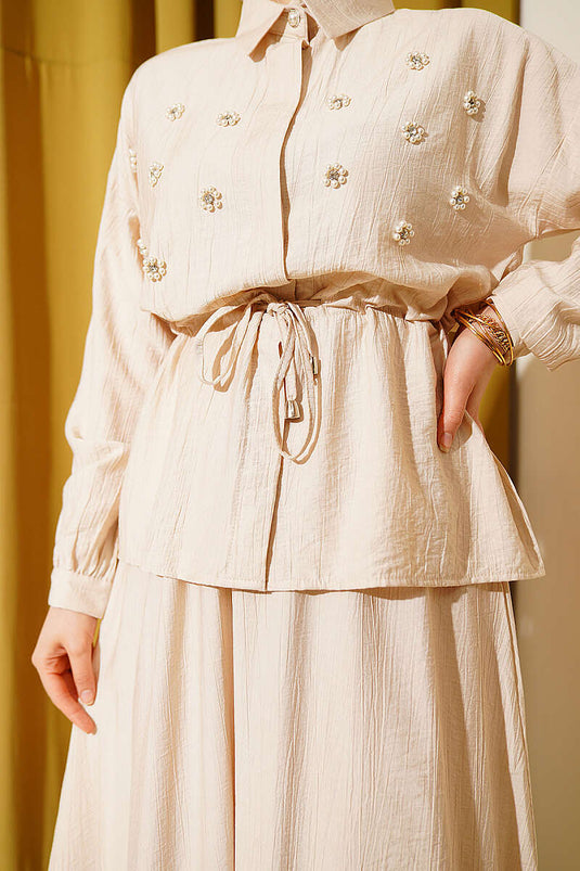 Pearl Flower Waist Tunnel Skirt Set Beige