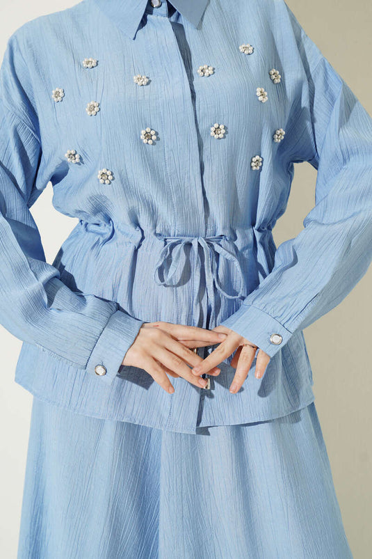Ensemble jupe à taille froncée avec fleurs perle, bleu