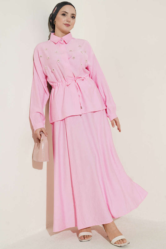 Ensemble jupe à ceinture tunnel avec fleurs de perle rose