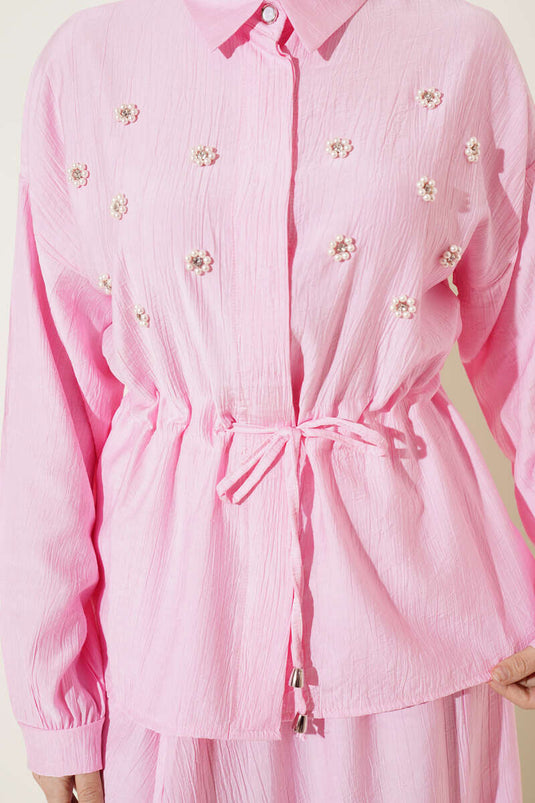 Ensemble jupe à ceinture tunnel avec fleurs de perle rose