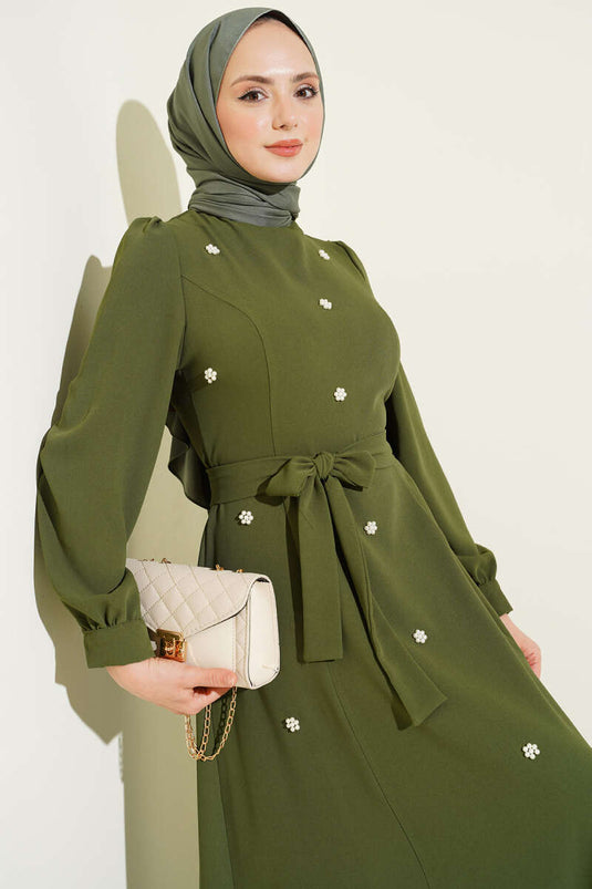 Robe Ornée Avec Ceinture Beige