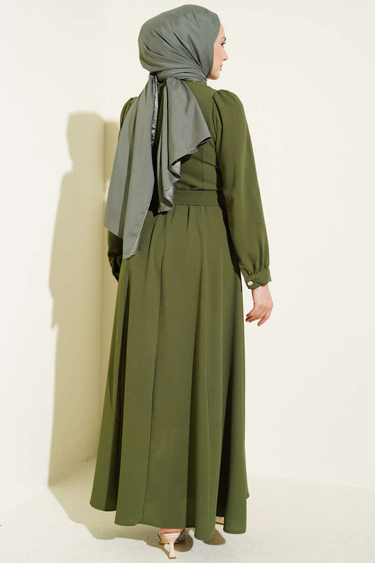 Robe Ornée Avec Ceinture Beige