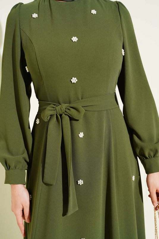 Robe Ornée Avec Ceinture Beige