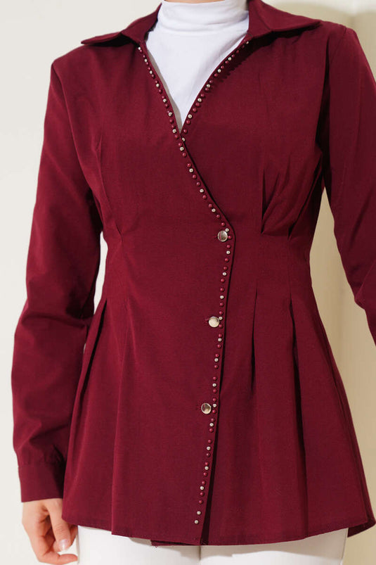 Bluse mit Perlendetails und Falten am Bund, Bordeaux