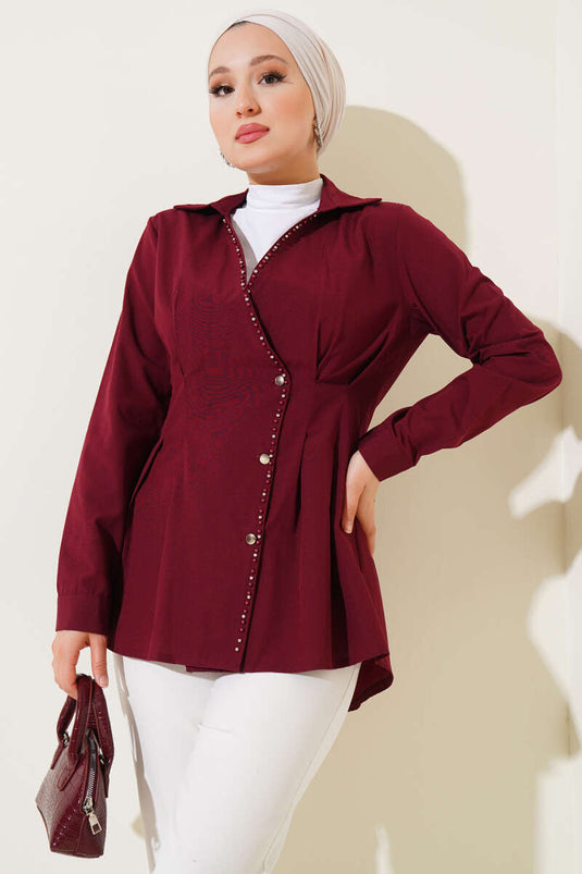 Bluse mit Perlendetails und Falten am Bund, Bordeaux