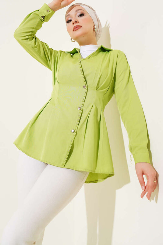 İnci Detaylı Belden Pileli Gömlek Fıstık Yeşili