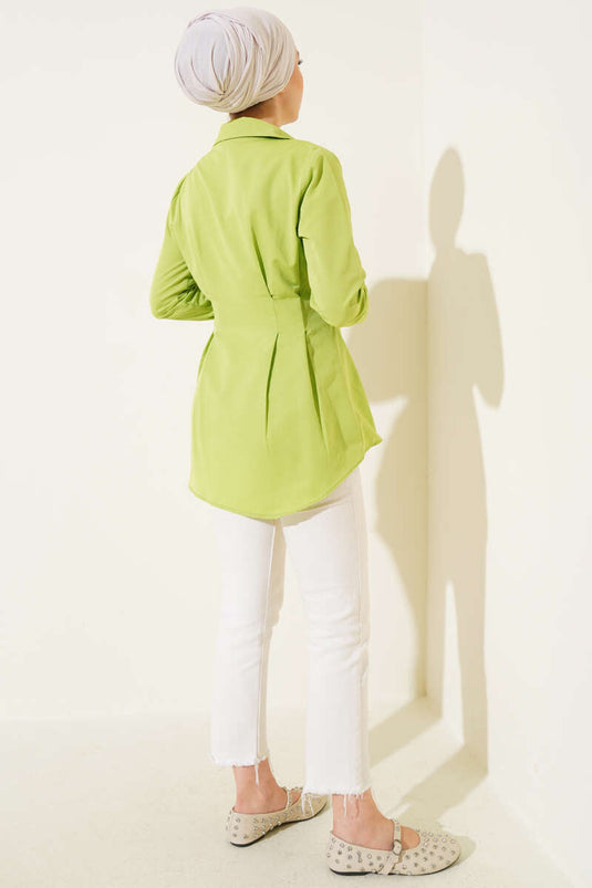 İnci Detaylı Belden Pileli Gömlek Fıstık Yeşili