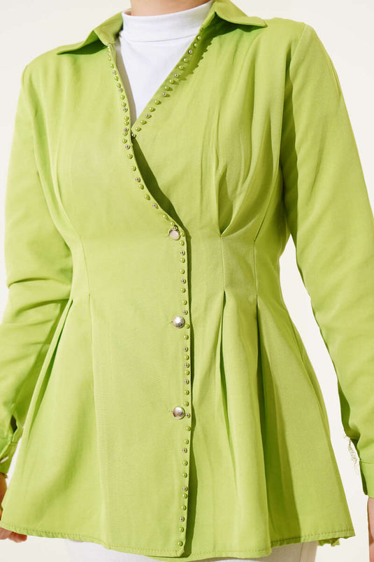 İnci Detaylı Belden Pileli Gömlek Fıstık Yeşili