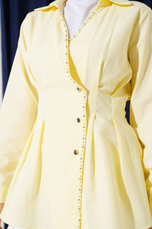 Pareldetail taille geplooid overhemd geel