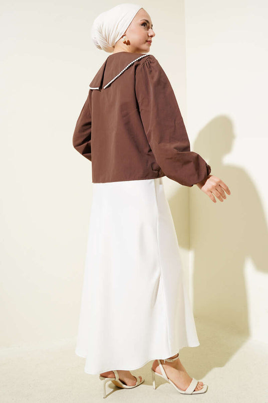 İnci Detaylı Denizci Yaka Kısa Gömlek Kahve