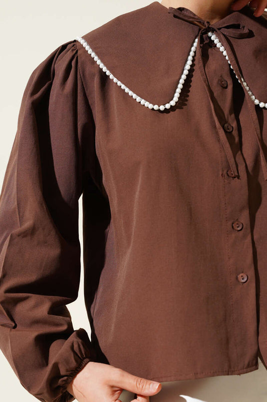 İnci Detaylı Denizci Yaka Kısa Gömlek Kahve