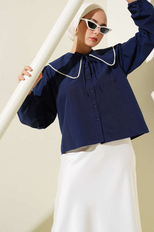 Pearl Detailed Sailor Collar Short Shirt Navy Blue