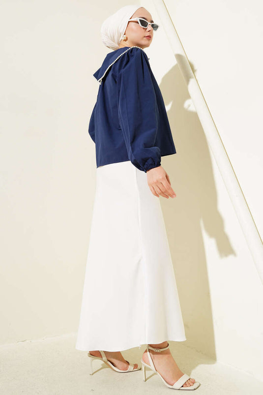 Pearl Detailed Sailor Collar Short Shirt Navy Blue