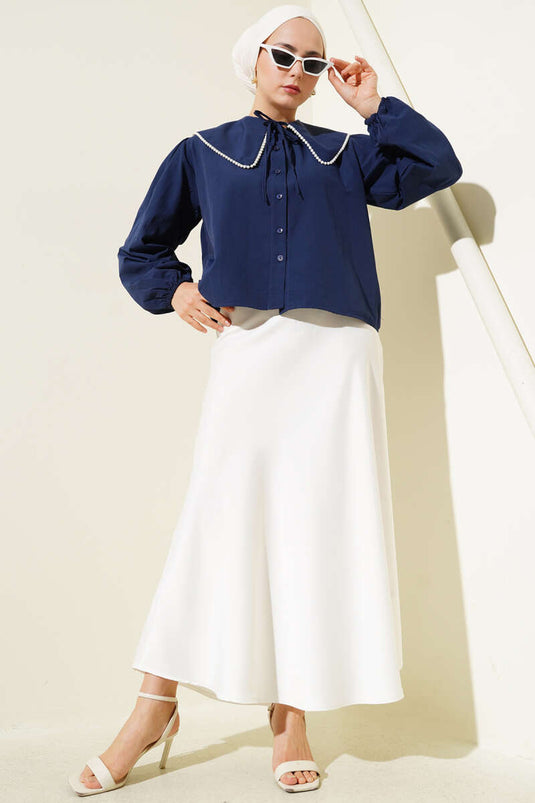 Pearl Detailed Sailor Collar Short Shirt Navy Blue