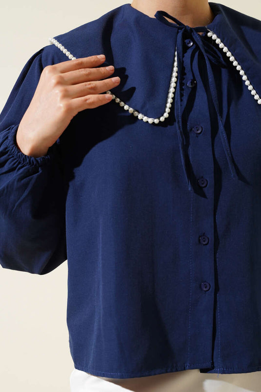 Pearl Detailed Sailor Collar Short Shirt Navy Blue