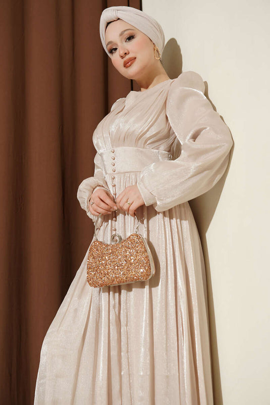 İnci Detaylı Drapeli Abiye Elbise Bej