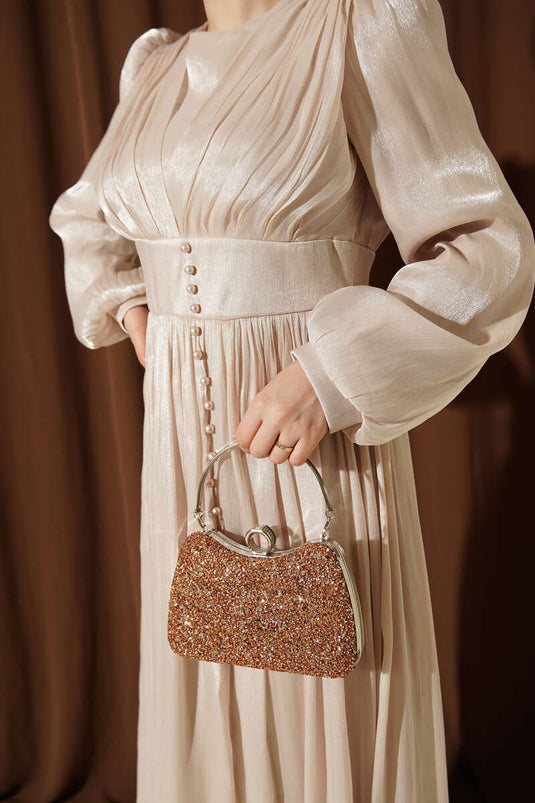 İnci Detaylı Drapeli Abiye Elbise Bej