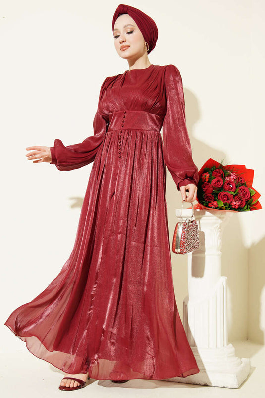 İnci Detaylı Drapeli Abiye Elbise Bordo