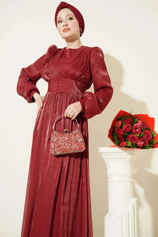 İnci Detaylı Drapeli Abiye Elbise Bordo