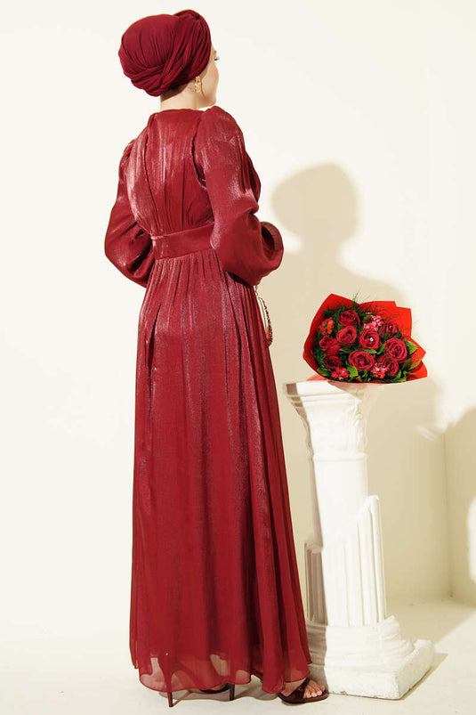 İnci Detaylı Drapeli Abiye Elbise Bordo