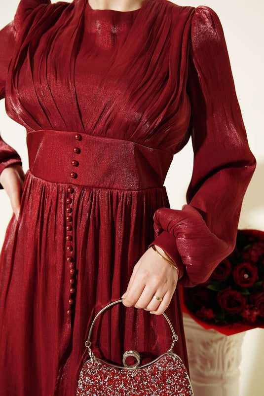 İnci Detaylı Drapeli Abiye Elbise Bordo