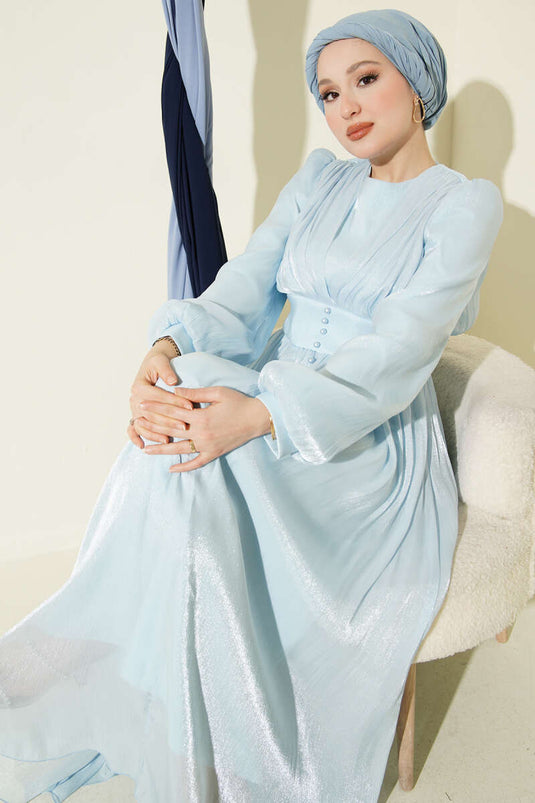 İnci Detaylı Drapeli Abiye Elbise Buz Mavisi