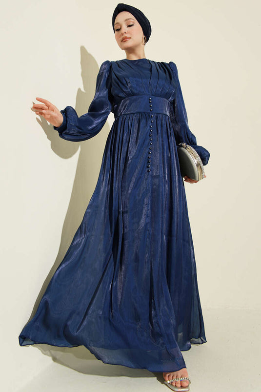 Evening Dress with Draped Pearl Detail Navy Blue