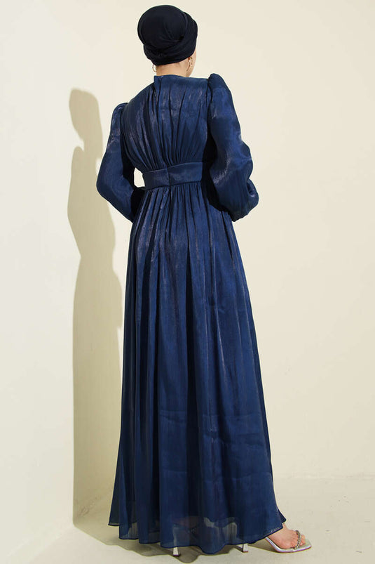 Evening Dress with Draped Pearl Detail Navy Blue