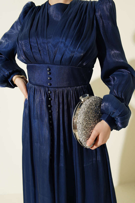 Evening Dress with Draped Pearl Detail Navy Blue
