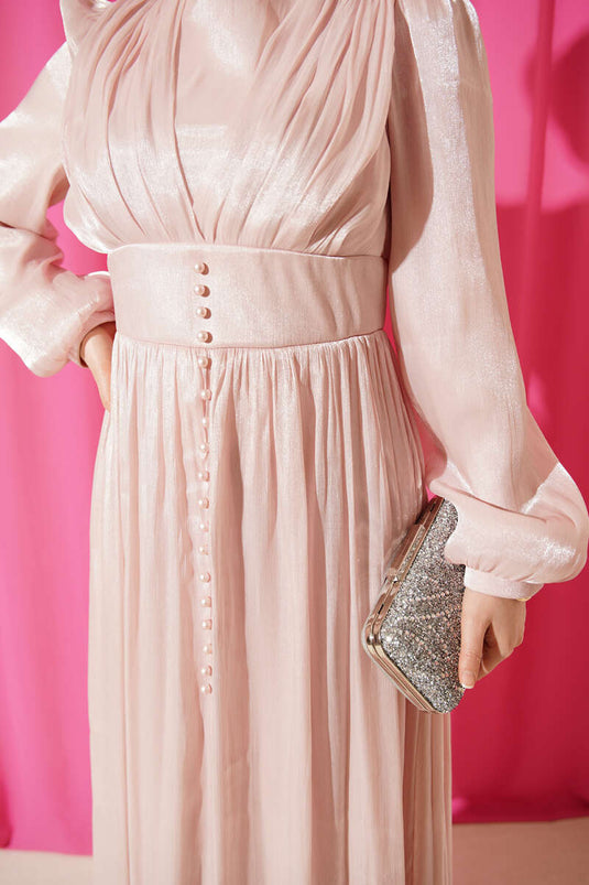 İnci Detaylı Drapeli Abiye Elbise Pudra