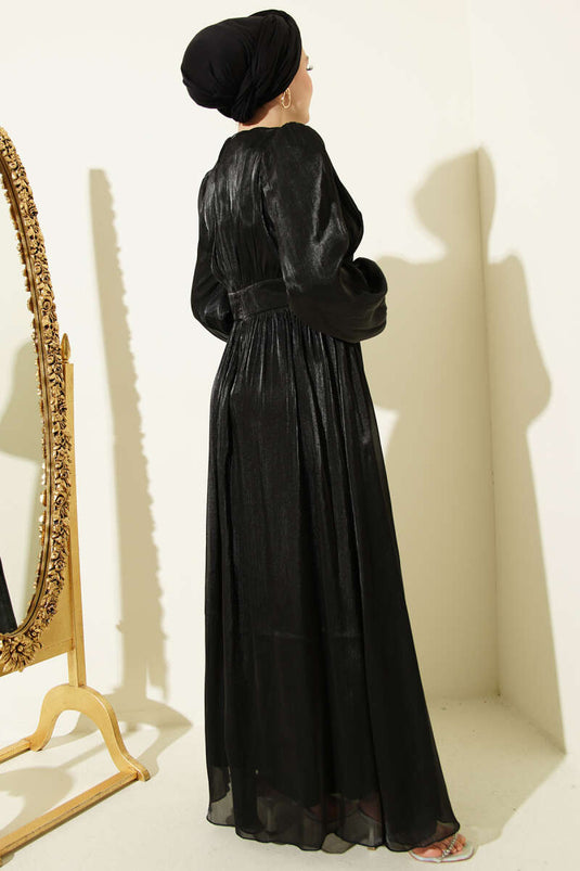 Black Draped Evening Dress with Pearl Detail