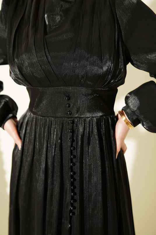 Black Draped Evening Dress with Pearl Detail