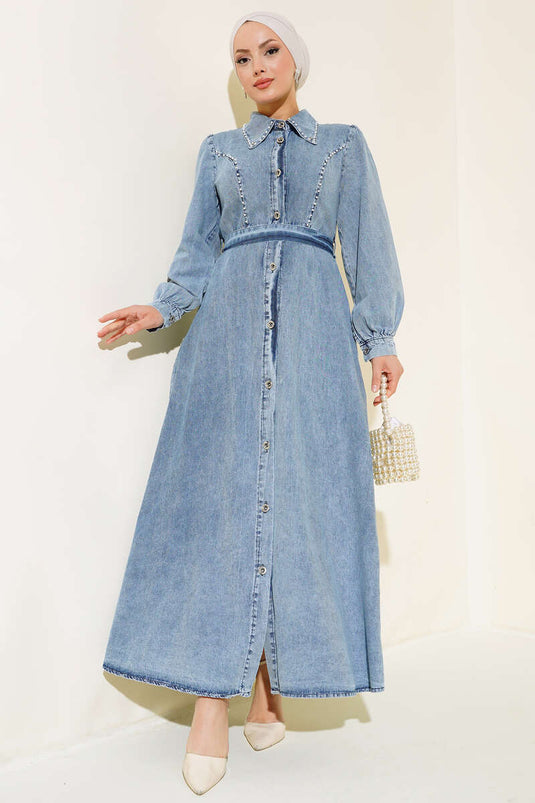 Robe En Jean Détail Perles Bleu Denim