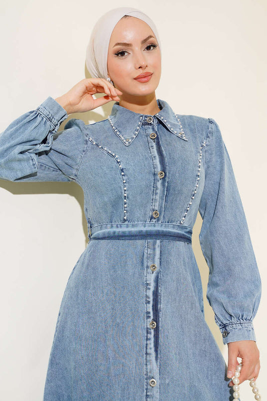 Robe En Jean Détail Perles Bleu Denim