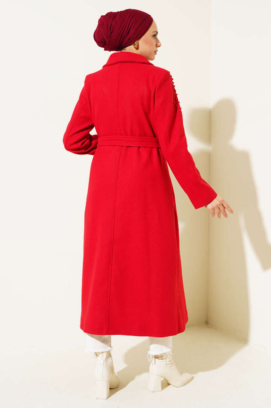 Detailed Pearl Belted Overcoat Red