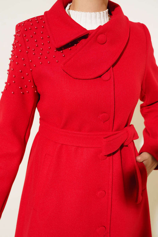 Detailed Pearl Belted Overcoat Red