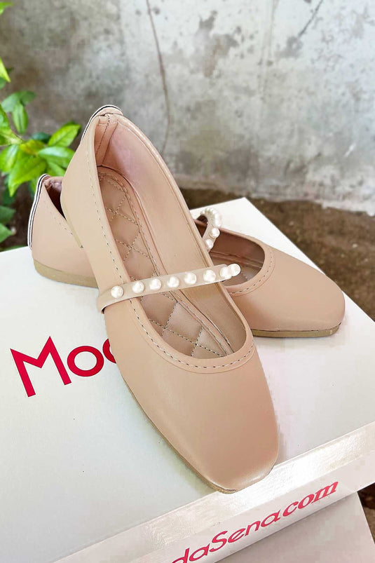 Ballerina's met één bandje en pareldetail, donkerbeige