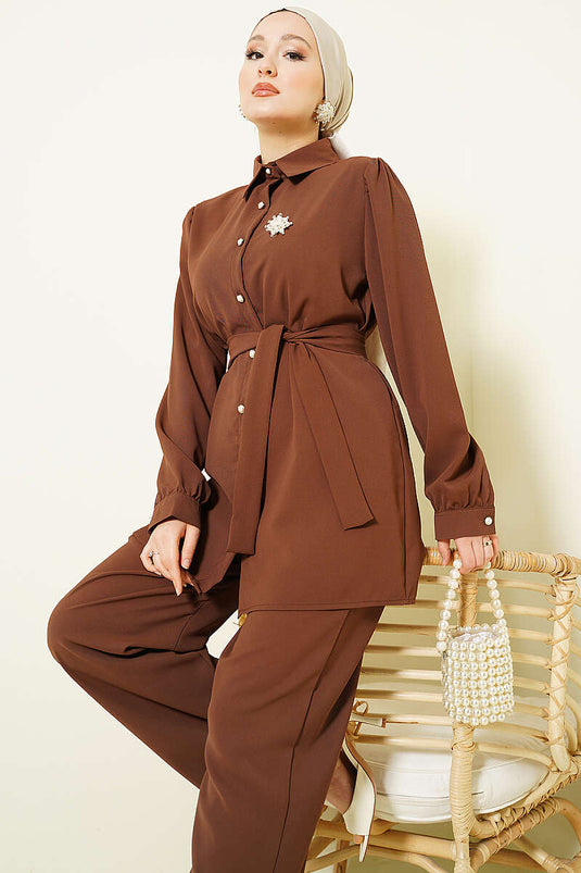 Pearl Button Detailed Belted Two-Piece Set Brown